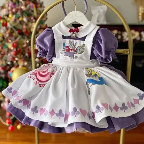 0-12Y Baby Girl Autumn Purple Velvet Alice Embroidery Vintage Princess Ball Gown Dress for Eid Birthday Causal Christmas C137