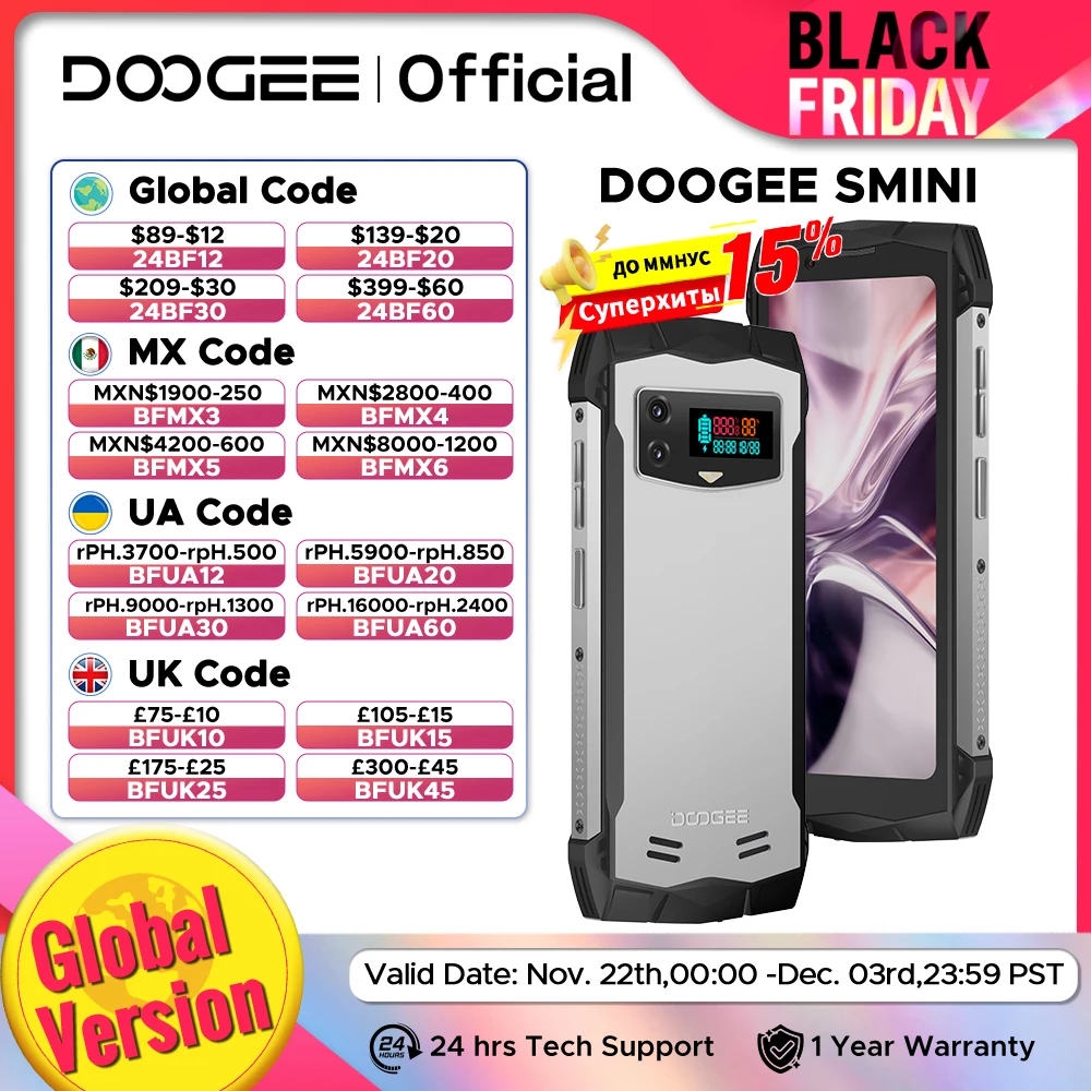 Global Version DOOGEE Smini Rugged Phone 4.5” qHD Display 50MP Camera 15GB(8+7) 256GB Innovative Rear Display 3000mAh 18W Charge