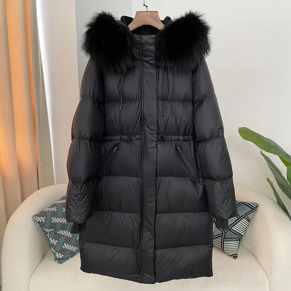 2024 Winter New Slim Warm Jacket Female Casual Fashion White Duck Down Real Fox Fur Real Raccoon Fur Long Hooded Coat Women