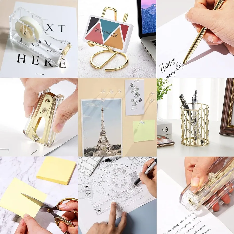 Золотые настольные аксессуары, акриловый степлер, скобы для удаления ленты, держатель для ручек, шариковая ручка, ножницы, зажимы для переплета, 1000 шт., скобы