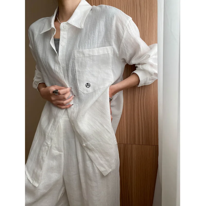 

Женские рубашки из 100% рами с отложным воротником и карманами и вышивкой, свободная однобортная повседневная рубашка