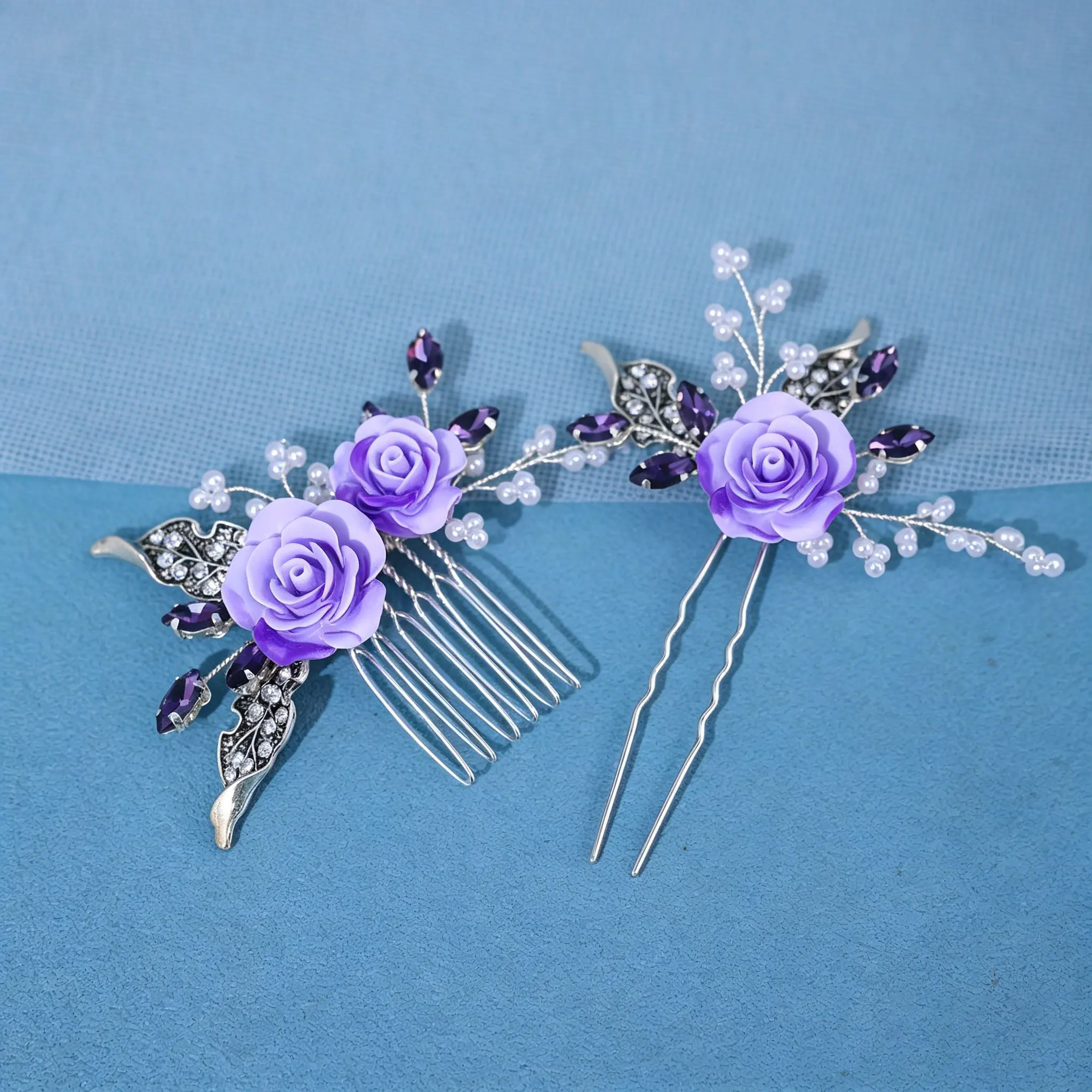 Blue  Crystal Hair Comb Silver Leaf Bridal Headpiece Wedding Hair Accessories Women Party Prom Formal Floral Hair Clip image 5