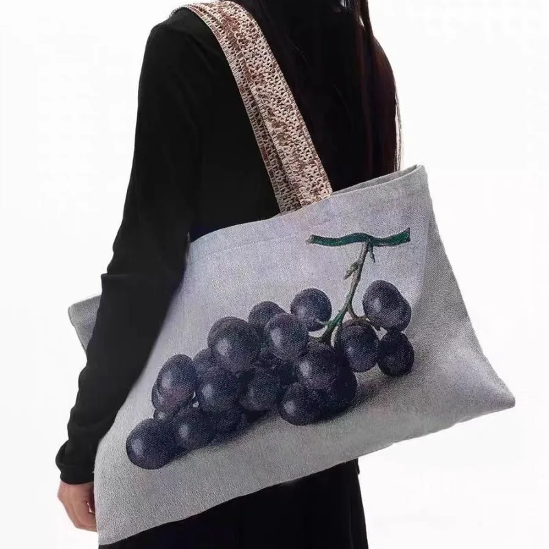 Niche Design Pear Grape Oil Painting Bag Hand-painted Bag Yarn-dyed Vintage Large Capacity High-end Sense Shoulder Bag 2026 New