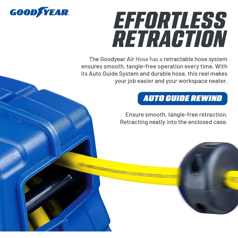 Goodyear Air Hose Reel Retractable 3/8" Inch x 50' Foot Hybrid Polymer Hose Max 300PSI Commerical Polypropylene Construction