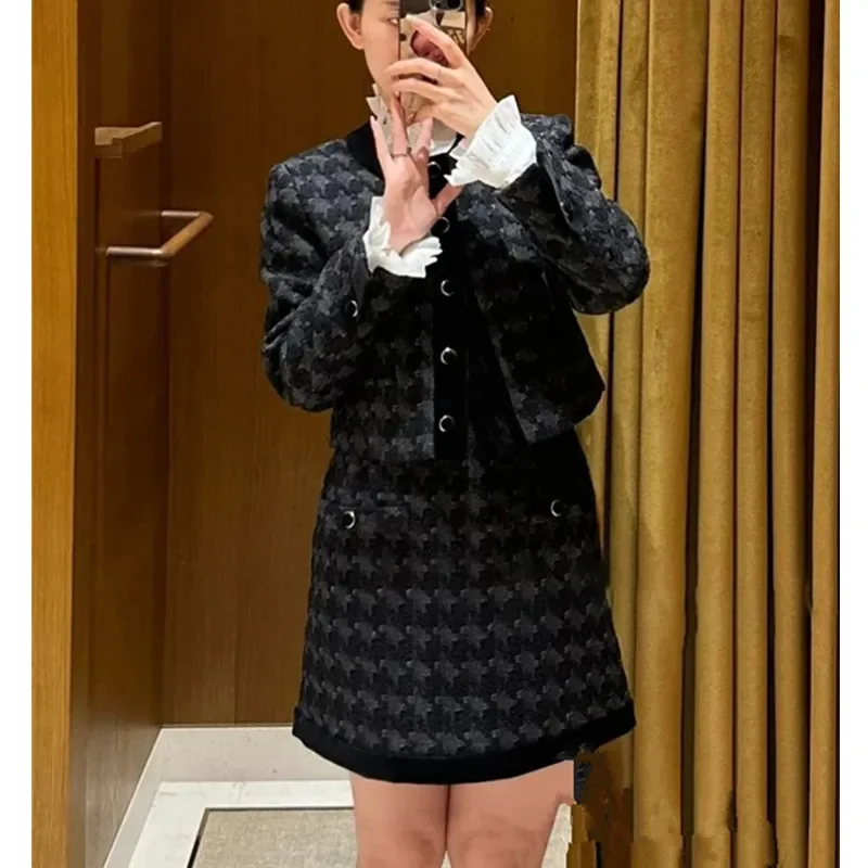 

Women Houndstooth Tweed Set O-Neck Single Breasted Long Sleeve Jacket or A-Line High Waist Mini Skirt