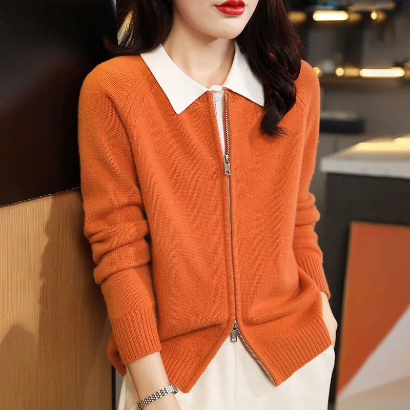 Women's cardigan autumn/winter new casual knitwear 100% pure wool round neck jacket fit Tops Japanese/Korean style zipper Blouse