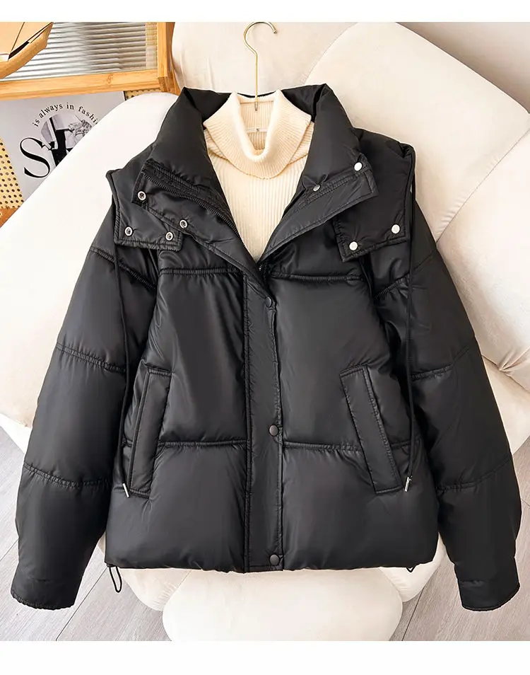 Winter Waterproof Parka PU large size Loose Detachable Hooded Leather Jacket for Women thick Warm Windbreaker Outerwear