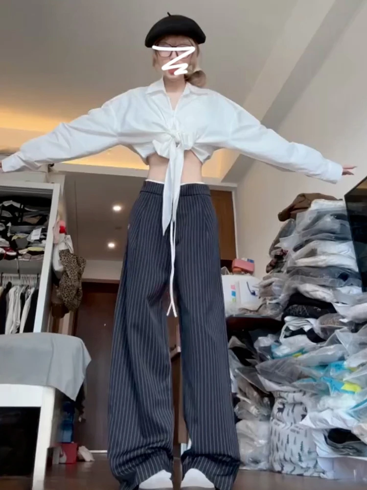 ブルーストライプのゆったりとしたカジュアルなワイドレッグスーツパンツ、女性用、秋の新作、BF風、ゆったりとしたロングパンツ、ハイウエストロングパンツ