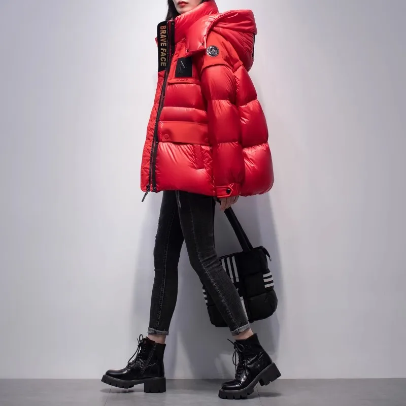 Rote warme Daunen jacke Frauen Straße tragen Winter neue koreanische weiße Ente Daunen Kapuzen mantel verdicken Puffer weiblichen Mantel Parkas