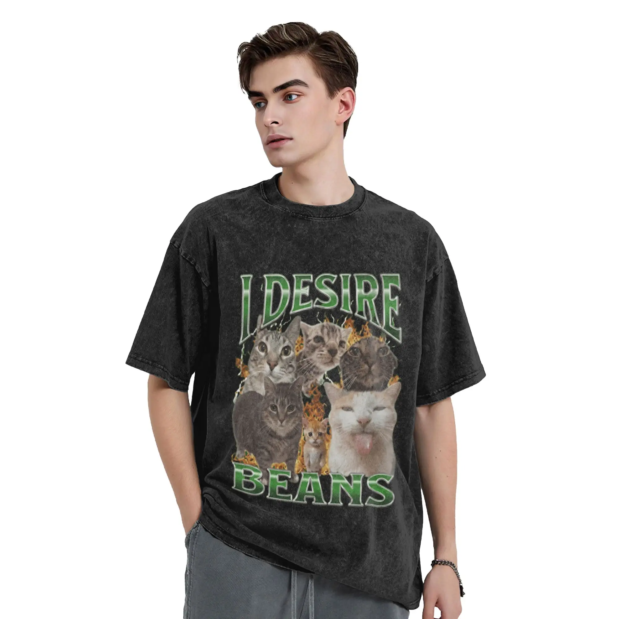 I Desire Beans Funny Cat Meme Vintage 90s Bootleg Rap Tee A T-Shirt Oversized Short Sleeve Men's Women's Cotton Tees Tops