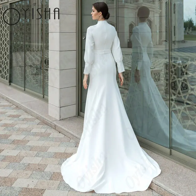 OYISHA-vestidos De novia De cuello alto De línea a para mujer, vestidos De novia blancos con mangas abullonadas De satén encantadoras, Vestido De boda Simple y SexyVestido de novia de cuello alto de palabra oyisha enca