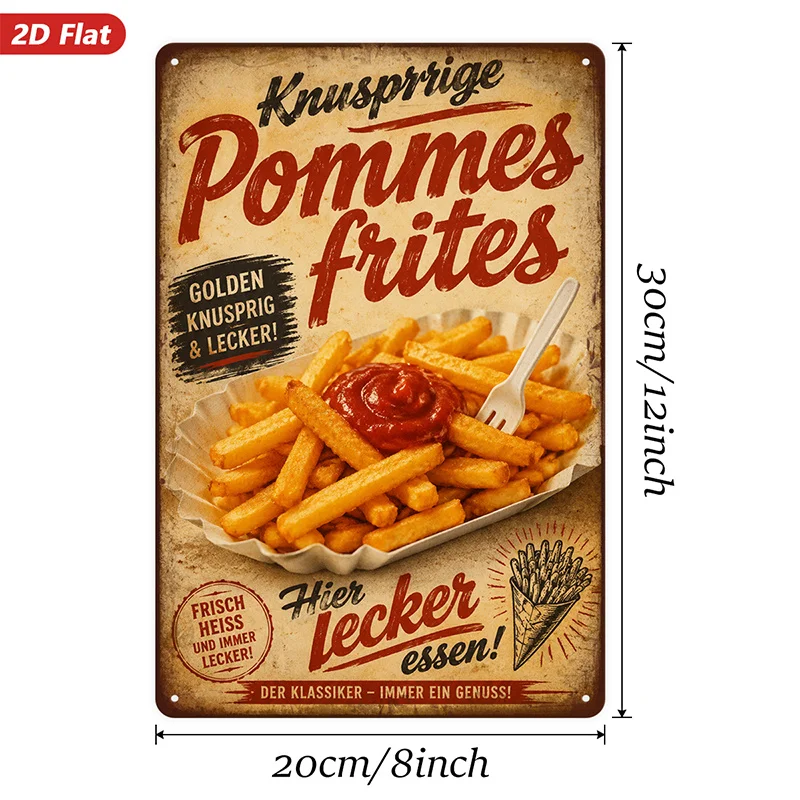 2D Flat, 1pc Vintage French Fries Metal Sign Wall Art, Golden Crispy Fries, Red Tomato Ketchup, Retro German Wording, Distressed