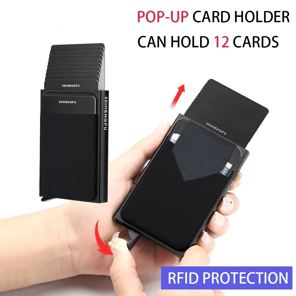 Slim Aluminum Wallet with Elasticity Back Pouch ID Credit Card Holder Mini RFID Wallet Automatic Pop Up Bank Card Case Men Purse