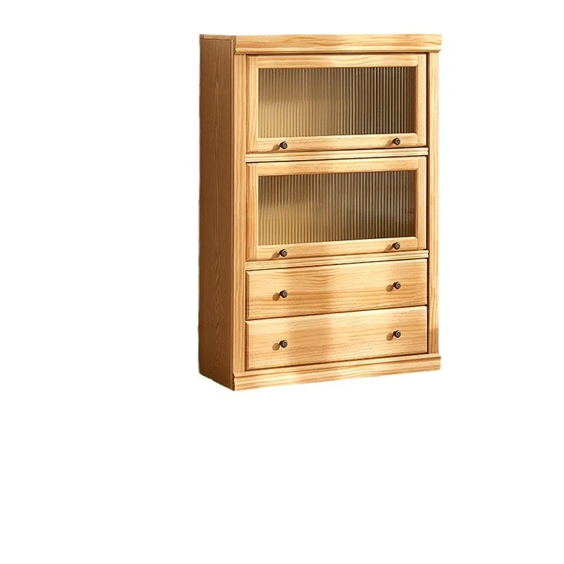 

Pure solid wood bookcase floor-to-ceiling with door tipping bucket display cabinet Japanese living room locker multi-layer