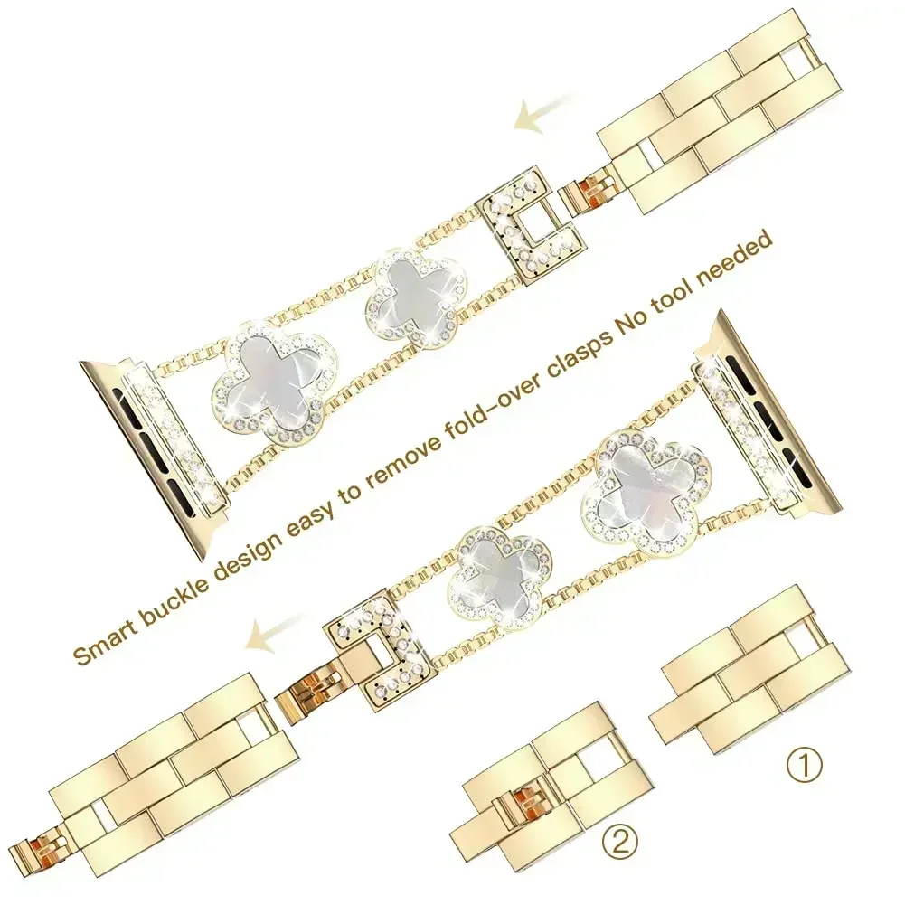 Diamond Four-leaf Clover Metal Strap for Apple Watch Ultra2 Women Band 49/46/45/44/42/41/40/38 Iwatch Series 10 9 8 7 6 Bracelet image 5