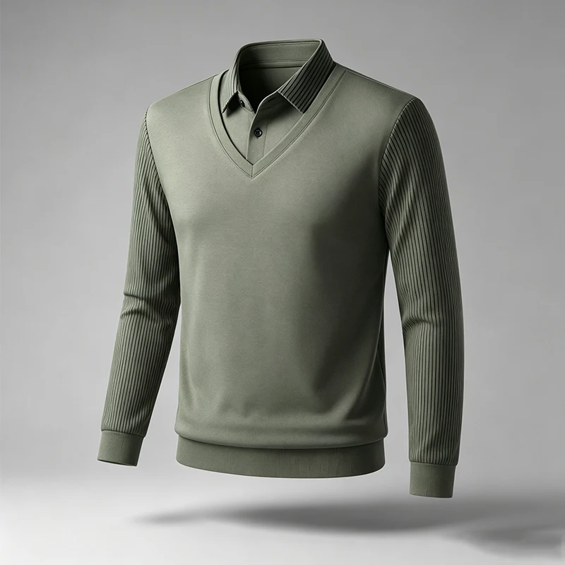 Herren-Business-Pullover mit Fake-Zweiteiler-Design, Hemdkragen, V-Ausschnitt, gerippt, lange Ärmel, ideal für Reisen, Einkaufen und den urbanen Alltag. – Detail 4