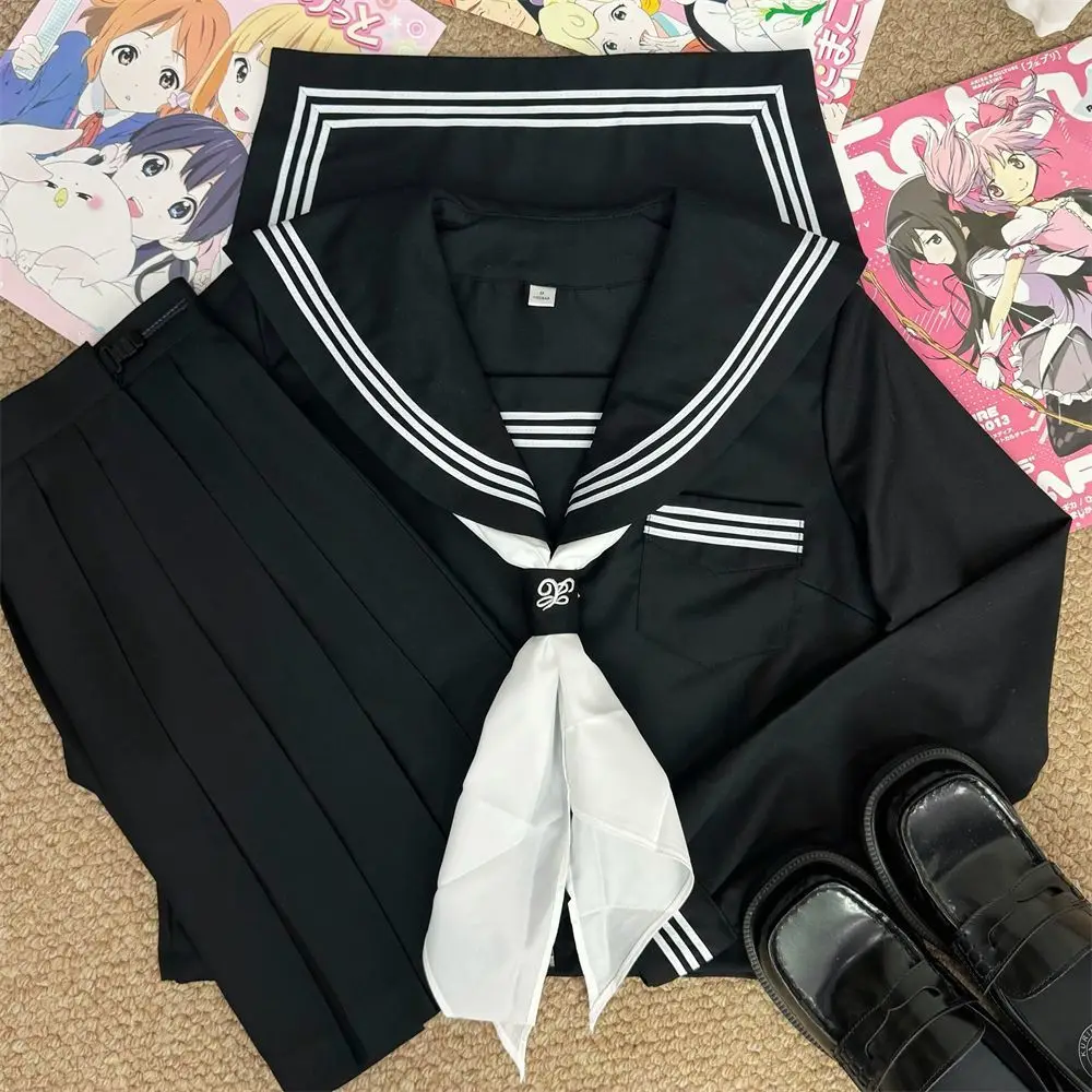 Black JK Sailor Uniform Set, Genuine Japanese Bad Girl Style,Classic 3-Piece Basic Design,Ideal for Daily Campus&Casual Wear