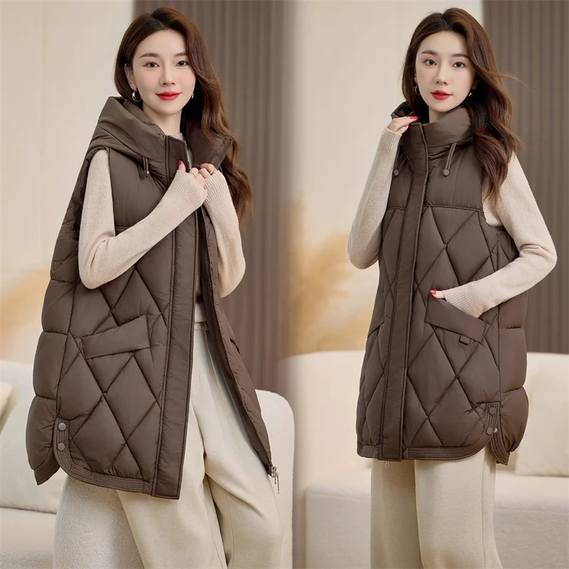 

Женский жилет с капюшоном, осенне-зимнее пальто, новая мода, хлопковый жилет с подкладкой на пуху, толстая теплая куртка без рукавов, женская свободная верхняя одежда