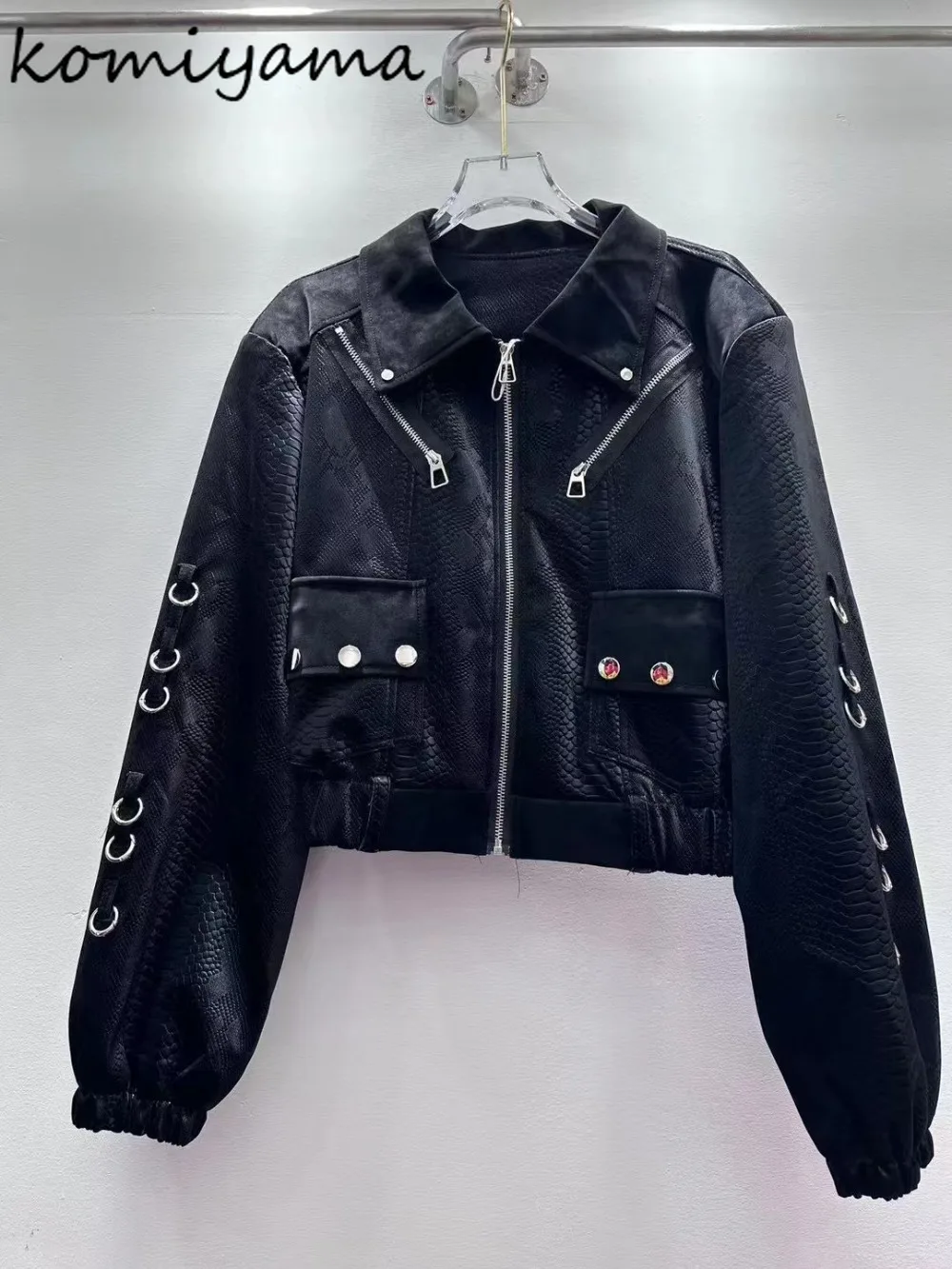 

Dark Laple Neck Zip Chaquetas Mujer Pu Leather 2025 Jacket Motorcycle Woman Jackets Autumn Loose Casaco Serpentine Outerwears