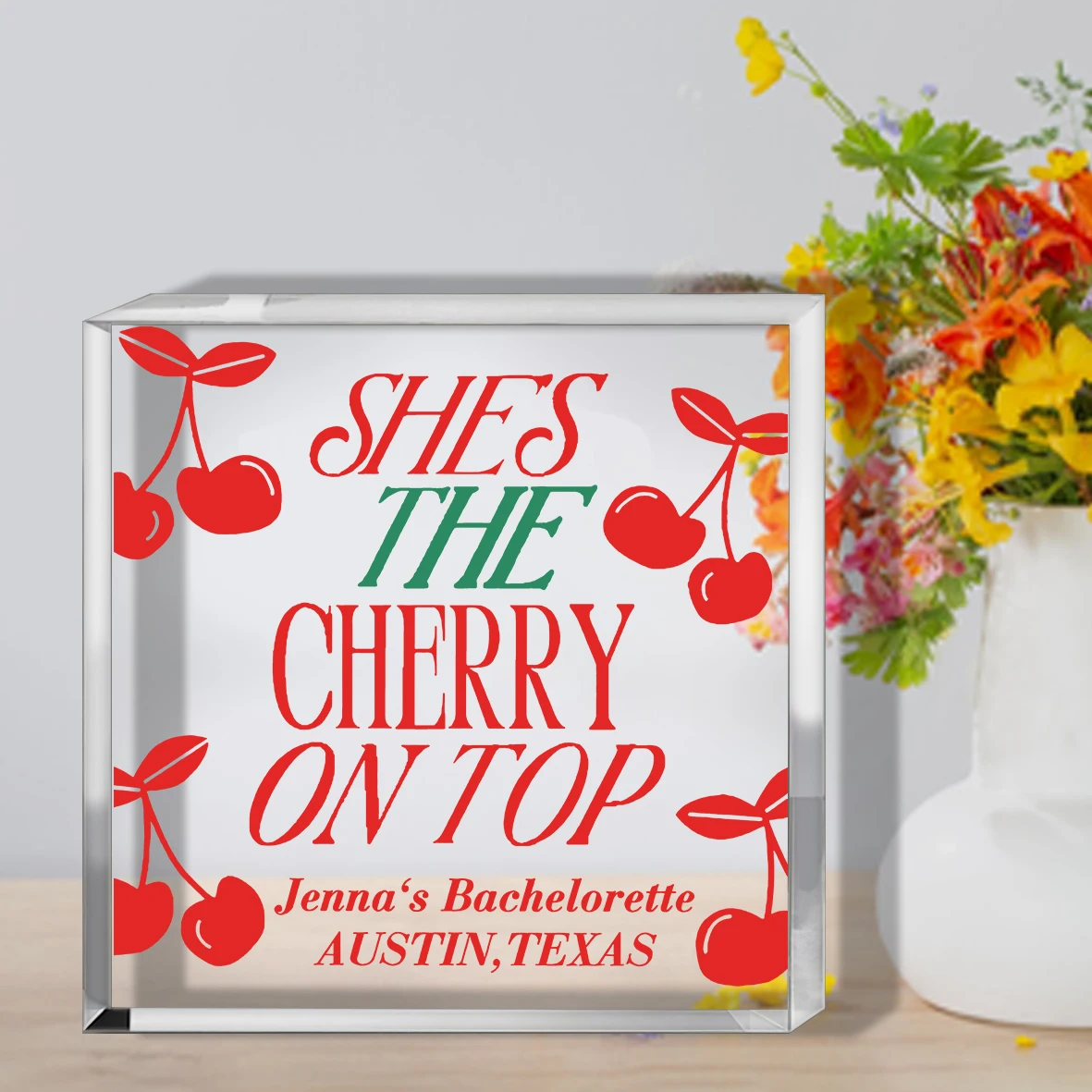 2D Flat, She's the Cherry on Top Acrylic Plaque - Bachelorette Party Decor - Customizable Bridal Shower Sign - Fun Dessert