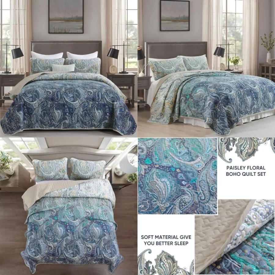 

Paisley Quilt Set Size, Boho Bedspread Coverlet Set 3 Pieces, Khaki Blue Ombre Paisley Floral Pattern Quilted Bedding Set, Soft