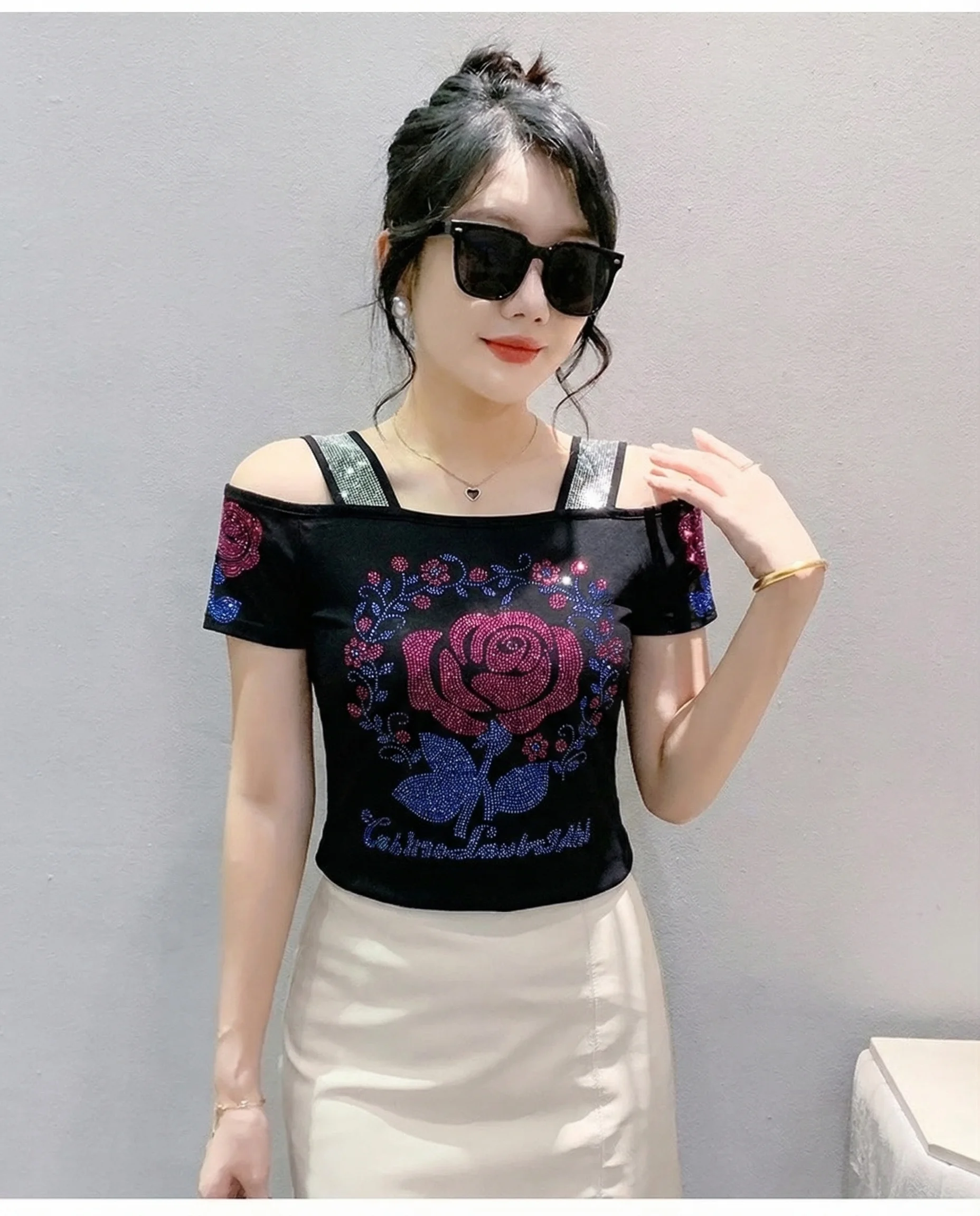 New Designer Hot Diamond Mesh T-Shirt Women Korean Style Sexy Off Shoulder Slim Tee Summer Casual Streetwear Tops