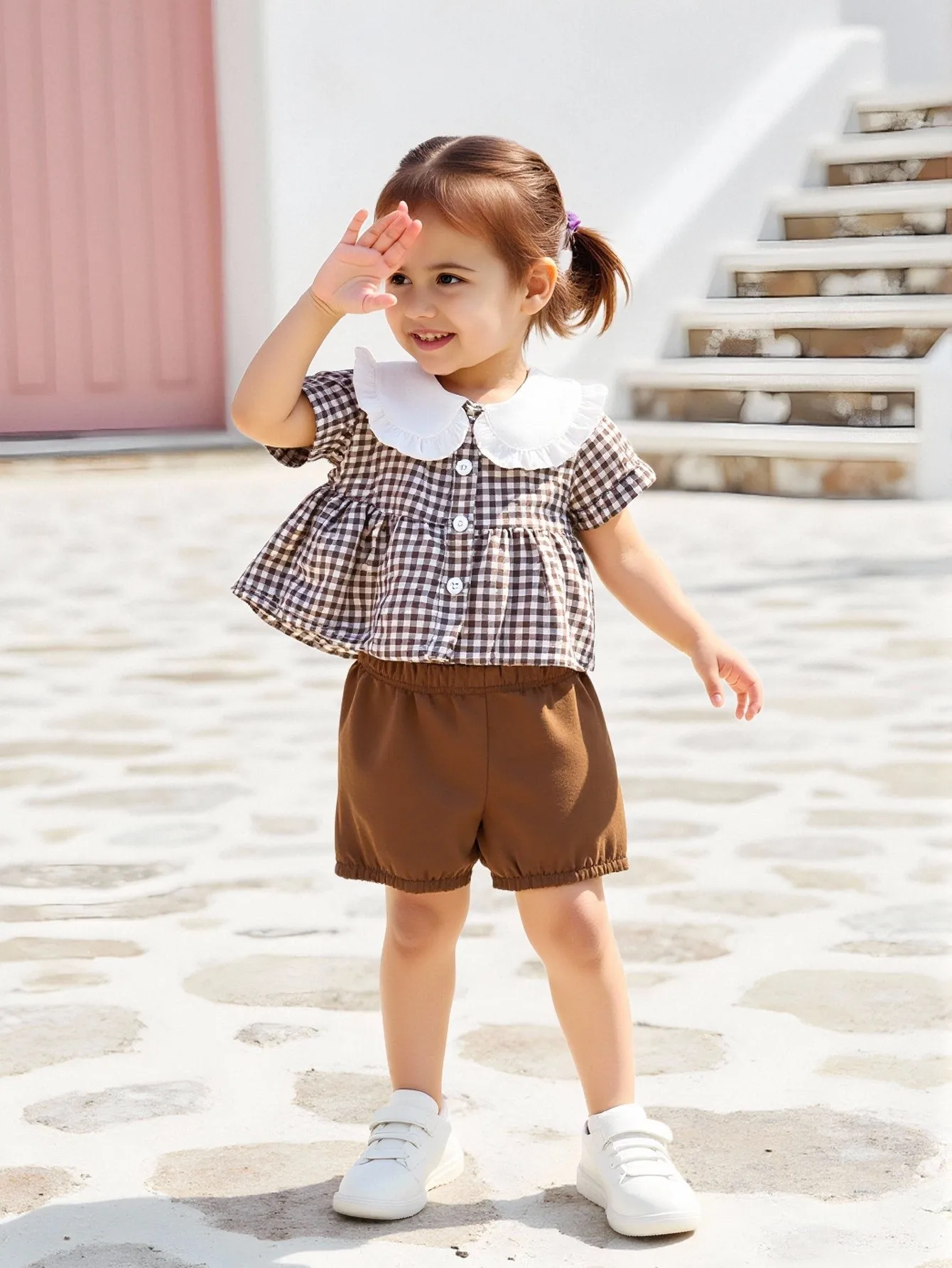 

Комплект из 2 предметов: модный повседневный клетчатый топ с короткими рукавами и шорты для маленьких девочек летом