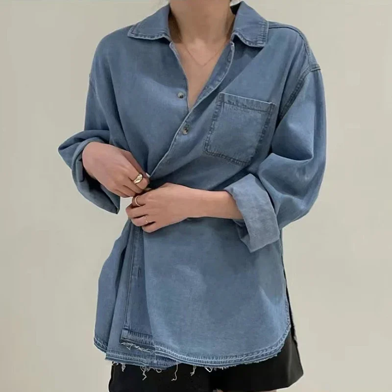 SuperAen Korean Chic Spring Autumn Retro Lapel Button Design Loose Long Sleeved Washed Denim Shirt