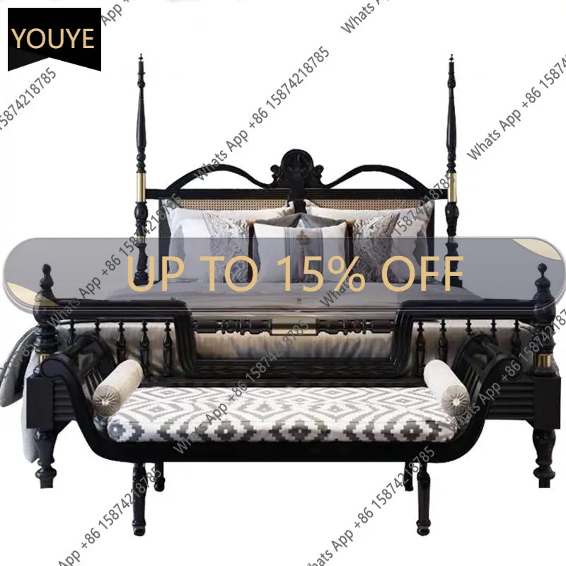 

K65 French Column Solid Wood Neoclassical Black Braided Rattan 1.8 Bed/American Retro Light Luxury Master Bedroom Bed