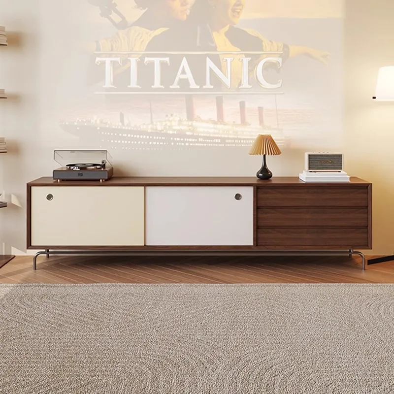 French retro walnut color TV cabinet coffee table combination medium and ancient style small apartment living room integrated st