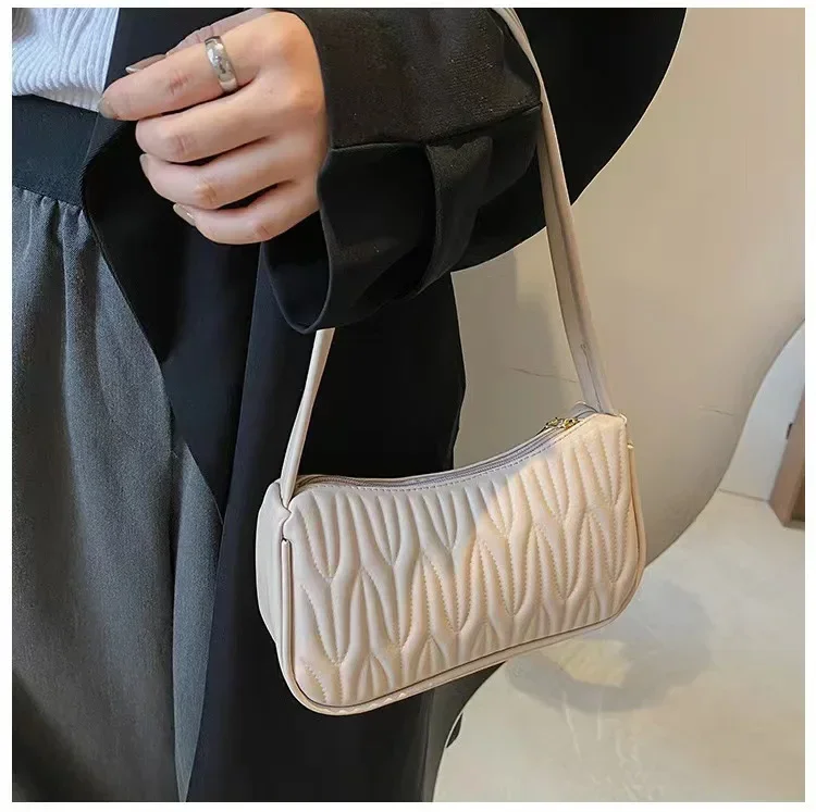 New Trendy Women Shoulder Bag PU Leather Solid Color Underarm Bag Street Wrinkle Design Handbag Key Phone Pouch Coin Purse