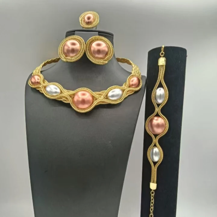 Stunning Latest Three Tone Ball Shape Jewelry Set Hotsale Fancy Popular Necklace Bracelet Earrings Ring 4PC Jewellery for Party