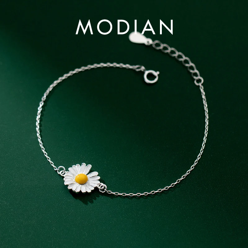 

MODIAN 925 Sterling Silver Enamel Daisy Plant Simple Link Bracelet Fashion Charm Chain Jewelry For Women Valentine's Day Gifts