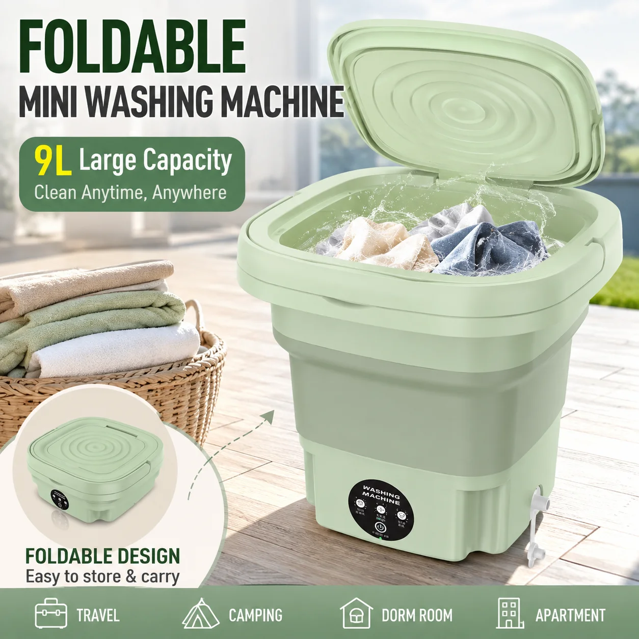 9L Faltbare Mini-Waschmaschine, tragbare kompakte Waschmaschine mit Schleuderkorb, 3 Modi, Reisewaschmaschine für Camping, Wohnheim, Apartment, Unterwäsche, Babykleidung, grün