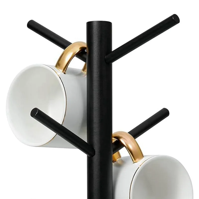 AB15-Soporte para tazas de café de bambú con 6 ganchos, árbol para tazas negro con Base gruesa, estante de almacenamiento para mostrador