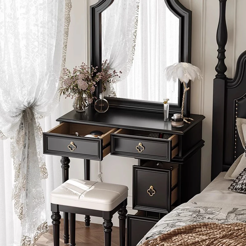 

Bedroom Black Vanity Table Luxury Makeup Drawers Mirror Closets Women Dressing Table European Vintage Vestidores Home Furniture