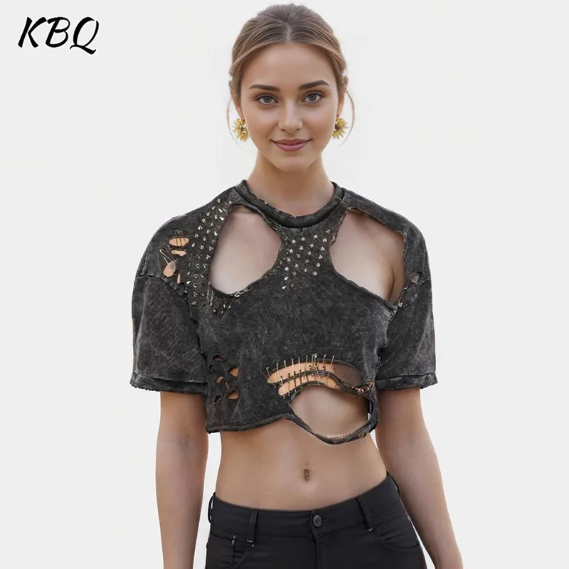 

KBQ Hollow Out Streetwear T Shirt For Women Round Neck Short Sleeve Patchwork Rivet Slimming T Shirts Female Fashion Clothes New