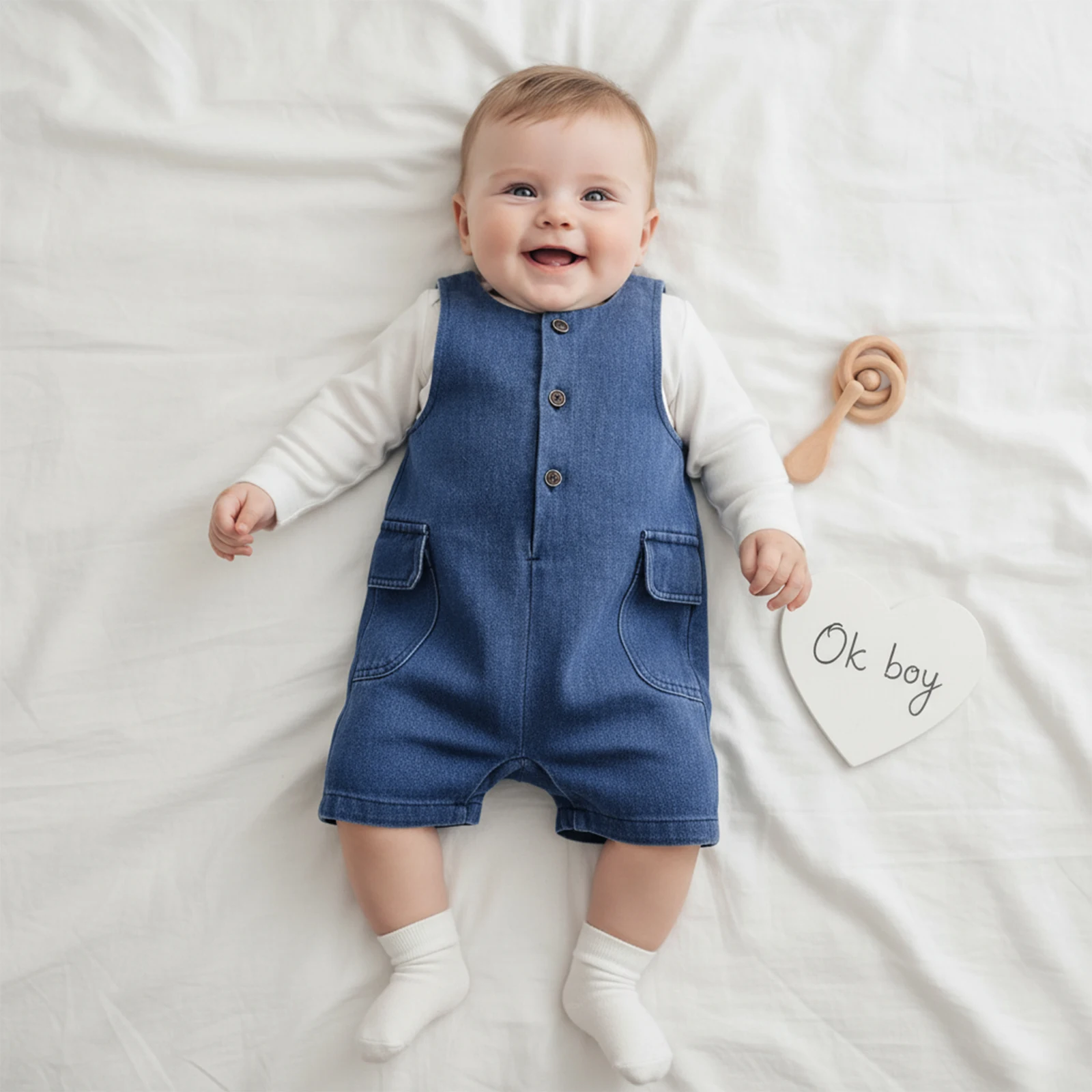Kids Boys Girls Summer Denim Overalls Solid Color Casual Sleeveless Crew Neck Short Jumpsuit Pants with Side Pockets