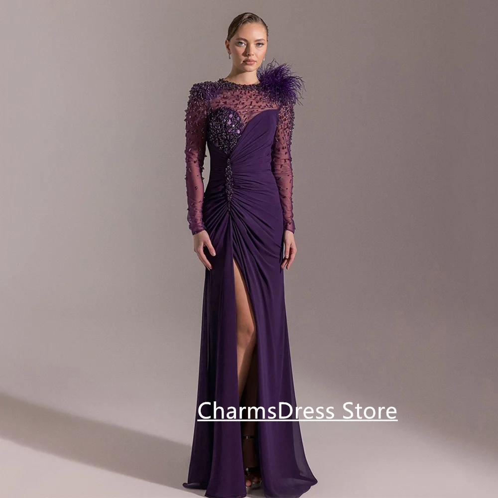 فستان حفلة موسيقية عنابي مخصص بأكمام طويلة مطرز بالترتر من الشيفون فساتين سهرة بطيات من الريش المقسم #6