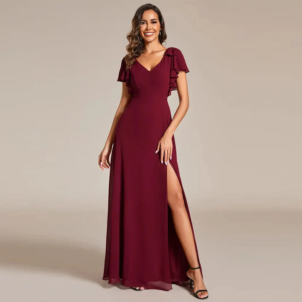 BAZIIINGAAA Party Dress Split Ruffles Sleeves with Bowknot V-neck Chiffon Bridesmaid Dress Evening dress 