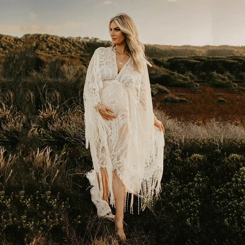 Boho Lace Tassel Robe Maternity Dress Photography Props Maxi Long Gown Photo Shoot Dress Pregnant Women Baby Shower Gift