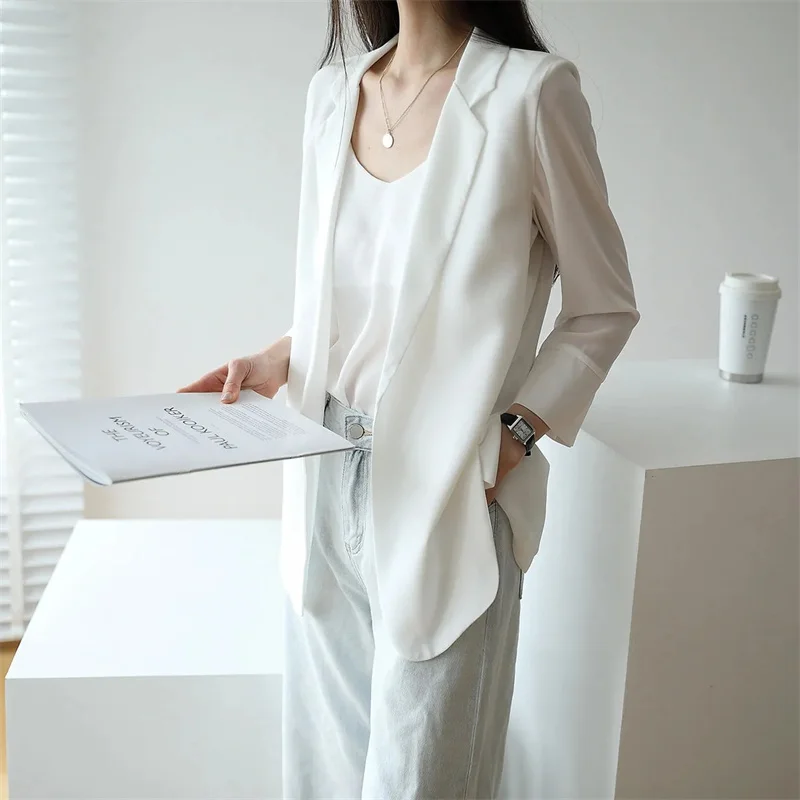 Chiffon Suit Coat Women\'s 2023 Summer New Korean Loose White Thin Mid-length Three Quarter Sleeve Sunscreen Shirt Women Blazer