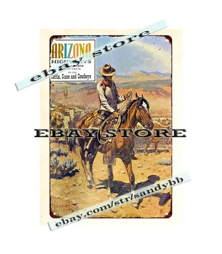 1970 Arizona highways cattle guns horse cowboys metal tin sign wall home tavern-Aluminum