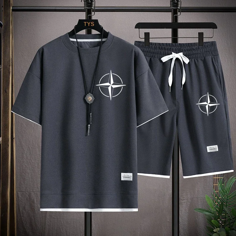 Męskie letnie zestawy t-shirtów i szortów, dres codzienny z tkaniny waflowej, modna odzież, logo NATO, zestaw 2-częściowy, 2023