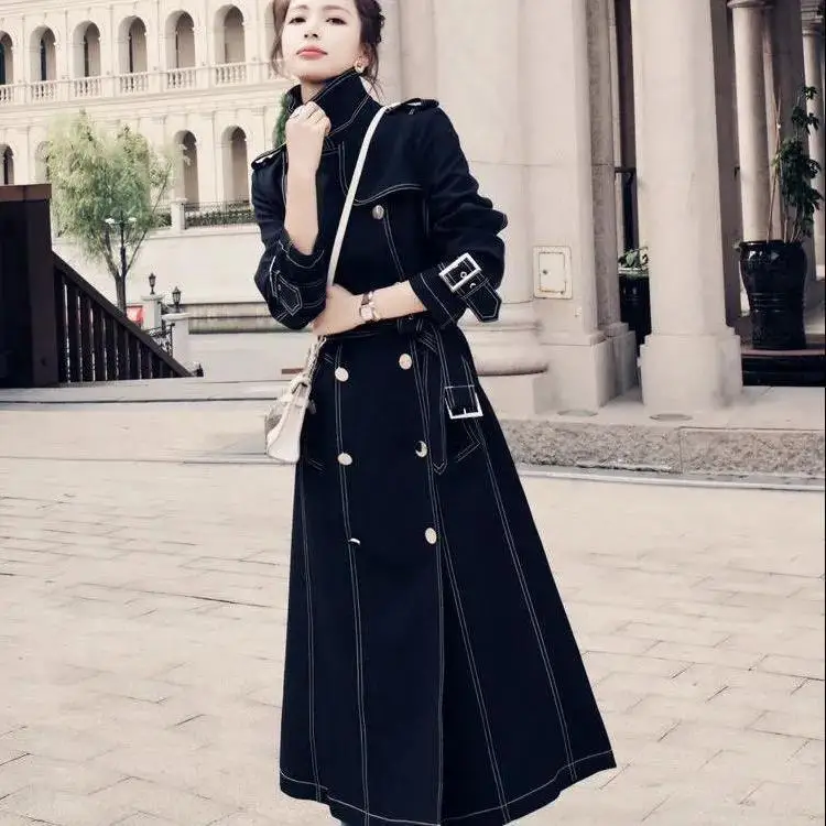 

Coats For Elegant Women Leather Trench Coat Cloth Gray Yellow Black Spring Autumn Winter Superior Thicken Gold Slanted Placket