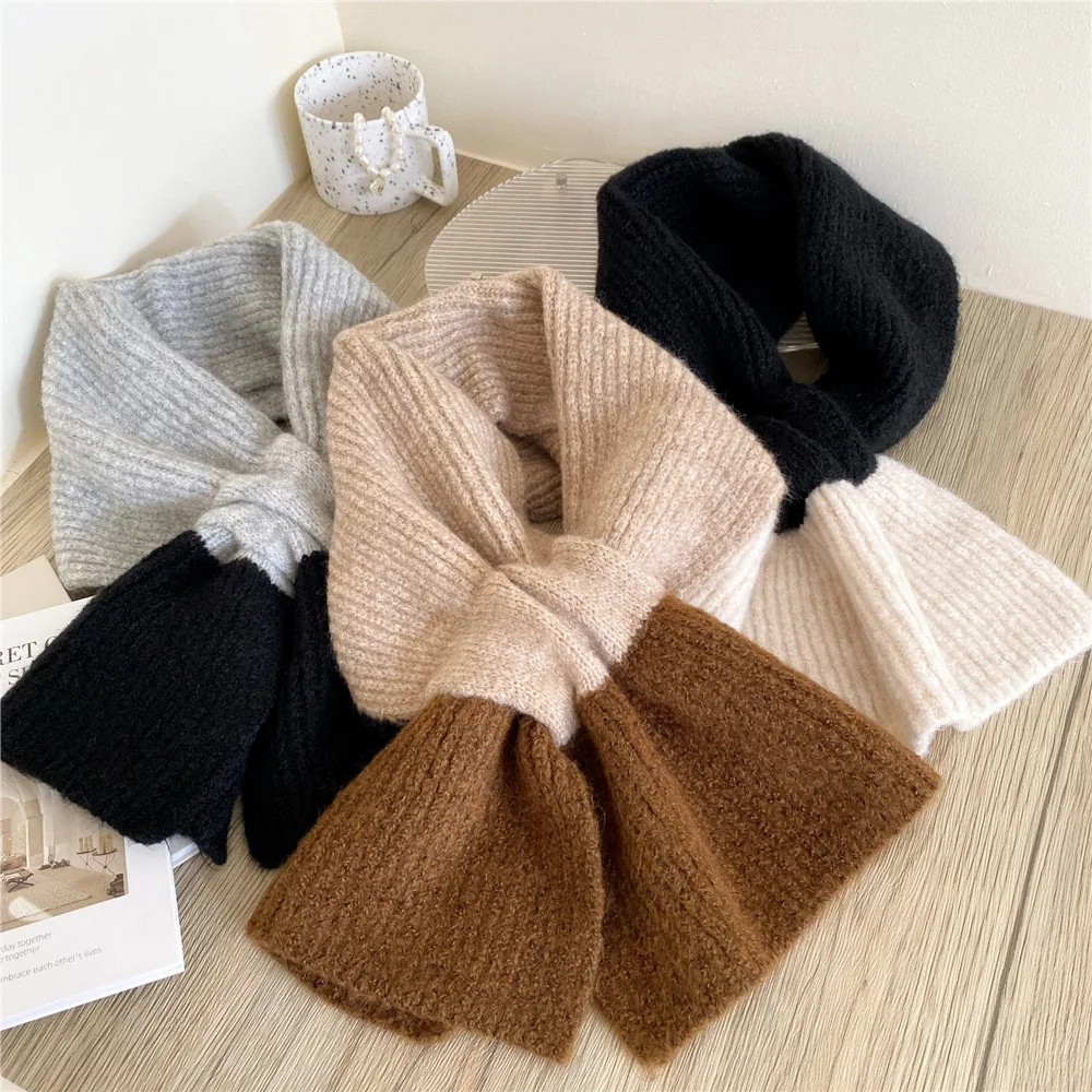 Women\'s Two-color Cross Scarf Muffler Long Autumn Winter Knitted Warm Shawl Decoration Student Fashion Couple Neckerchief Muffle