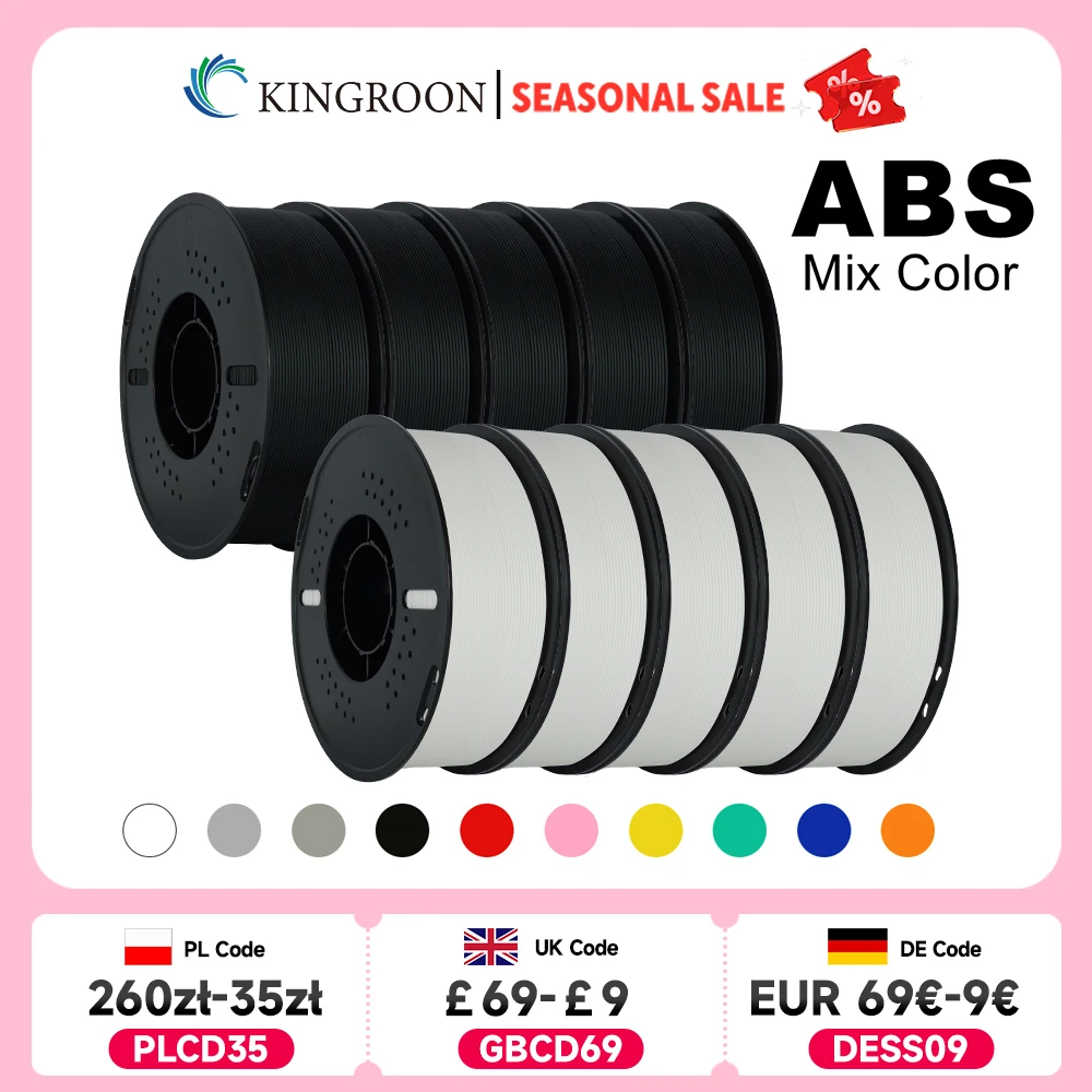 

KINGROON 5KG(11LBS) ABS Filament 1.75mm High Strength Toughness 3D Printer Material Black White Multicolor ABS 1kg*5 Roll