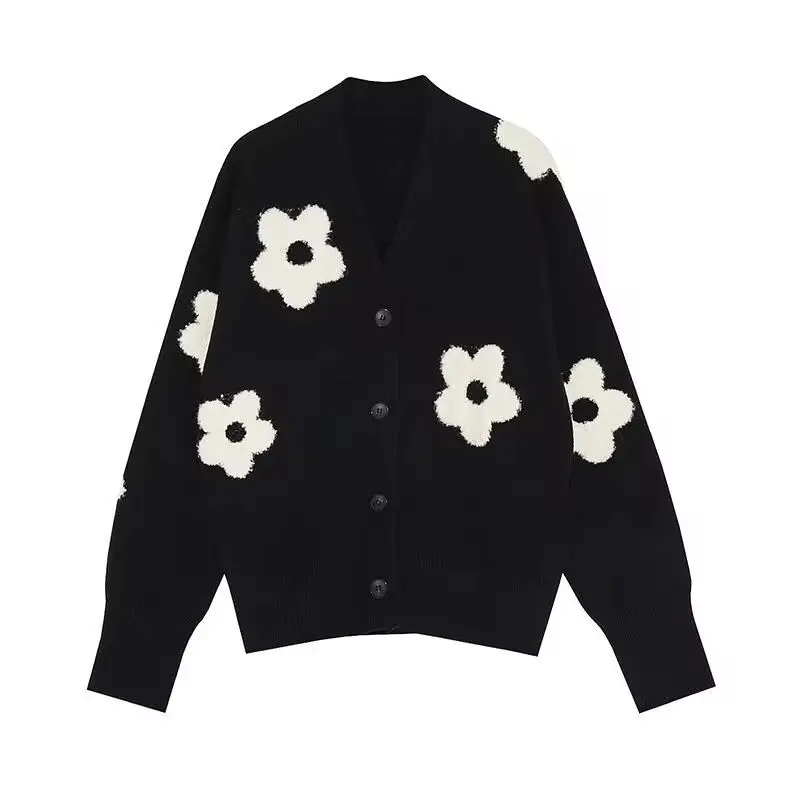 Vintage Flower Knitting Cardigan Women Autumn Winter Simplicity V-neck Sweater Coat Office Lady All-match Casual Knitwear Tops