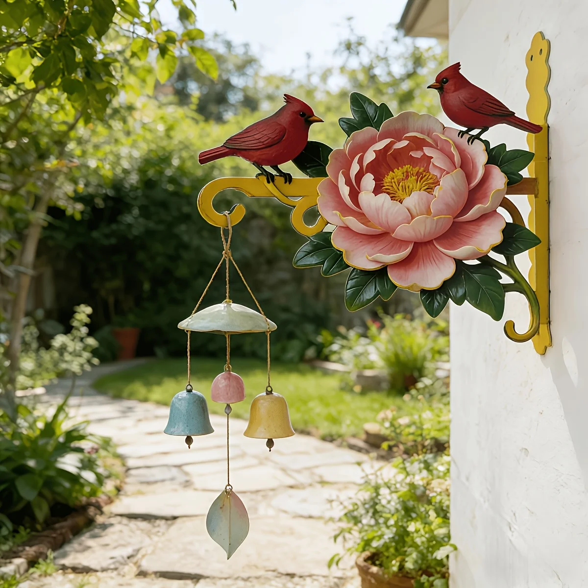 2D 1pc Red Bird Peony Wrought Iron Outdoor Hook Courtyard Decoration Hanger Balcony Gardening Wall Hanging Flower Bird Pastoral