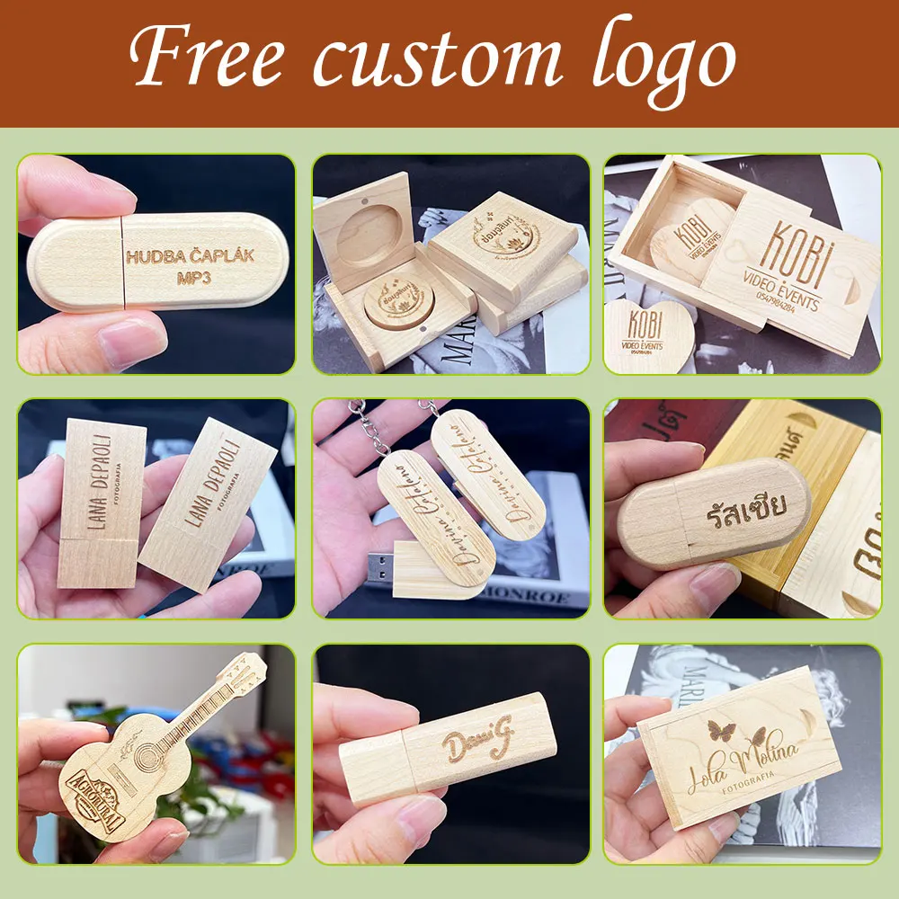 50pcs/lot Free Custom Wooden Wood Logo 4GB 8GB 16GB Usb 2.0 Version Memory Flash Stick Pen Drive for Wedding Photography Gift